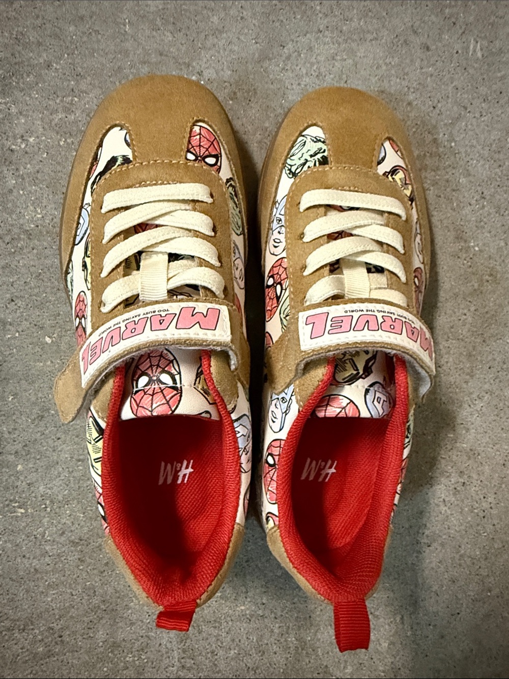 H&M Tan Suede Kids' Marvel Comic-Print Sneakers with Red Lining